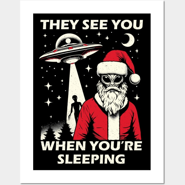 They See You When Your Sleeping UFO Alien Santa Abduction Wall Art by SubtleSplit